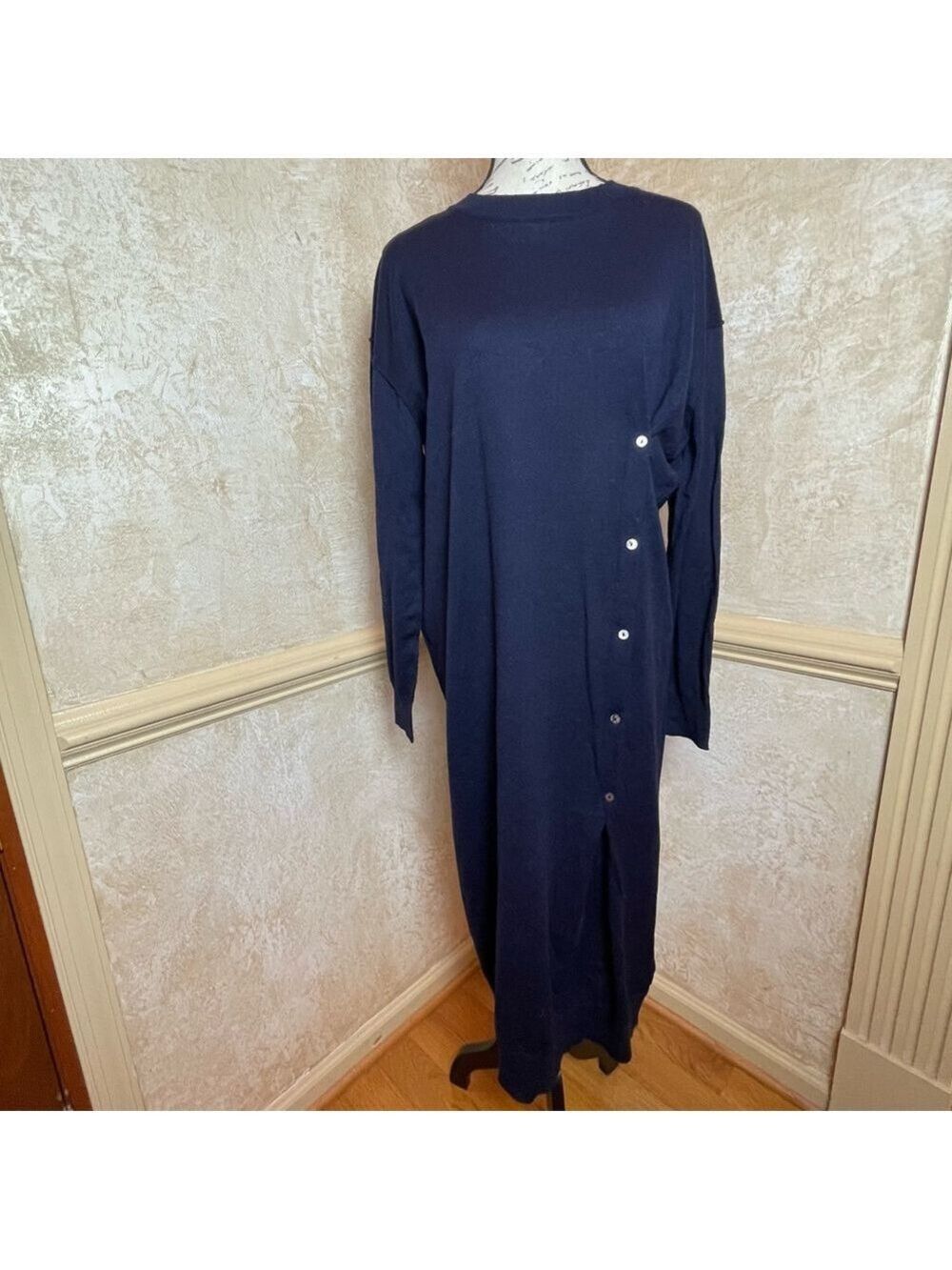 ZARA Fine Wool Blend Lightweight midi/maxi knit dress Side Buttons Navy Blue S - Picture 11 of 15